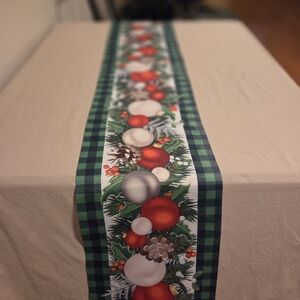 SILKY FESTIVE HOLIDAY TABLE RUNNER WITH ORNAMENTS